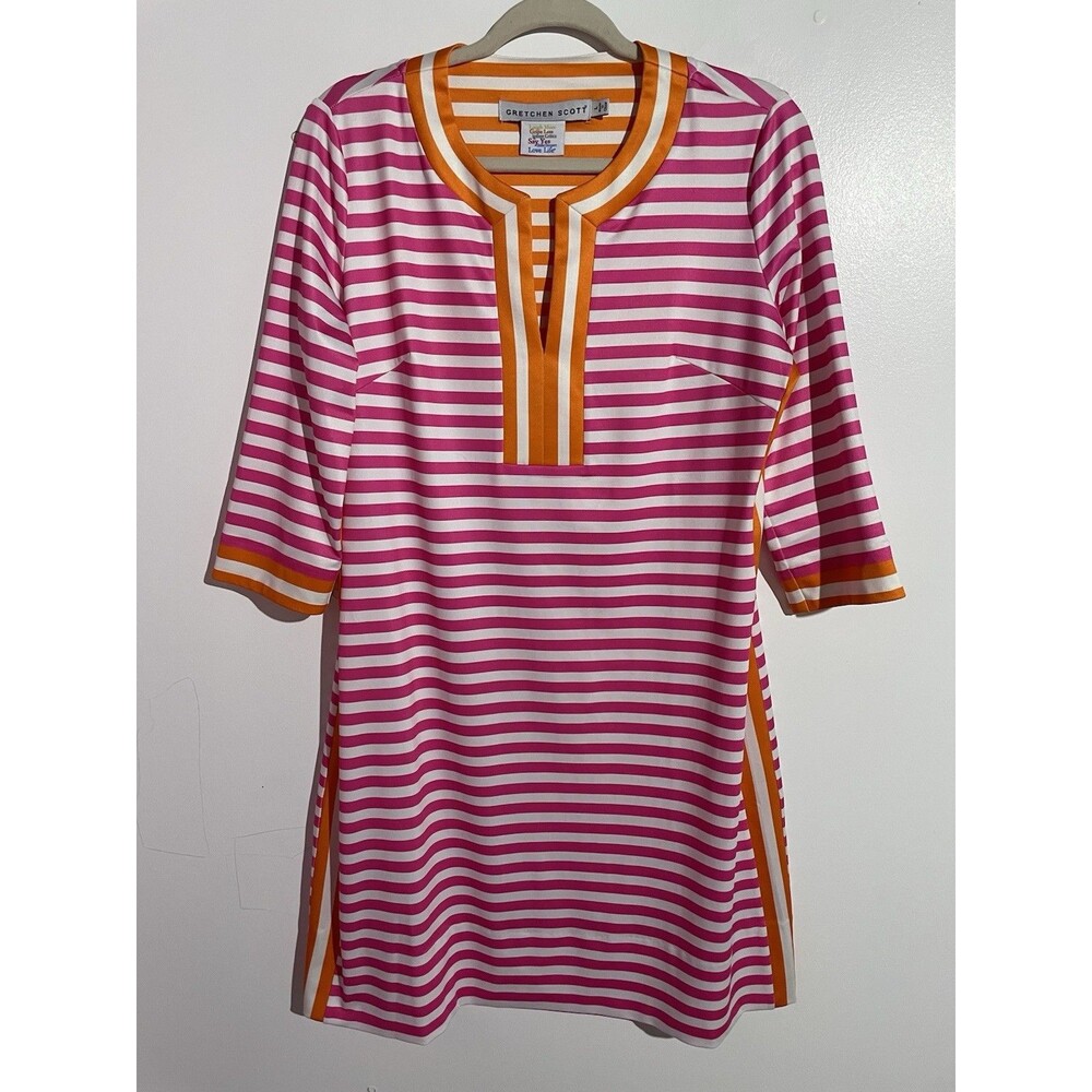Gretchen Scott Hinckley Jersey Dress L Pink Orange Stripe Brunch Vacation‎ NWOT